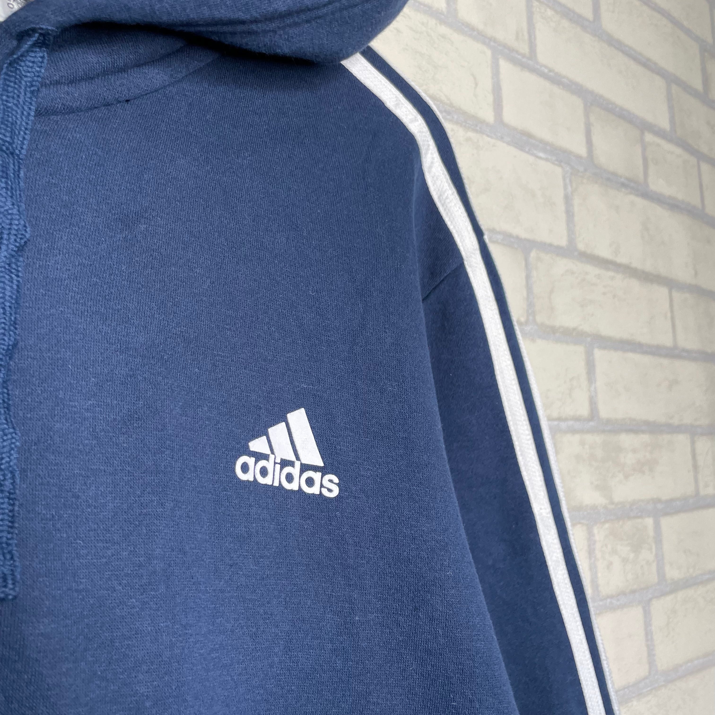 adidas フルジップパーカー XL ネイビー 袖ライン入り 刺繍入り フード 