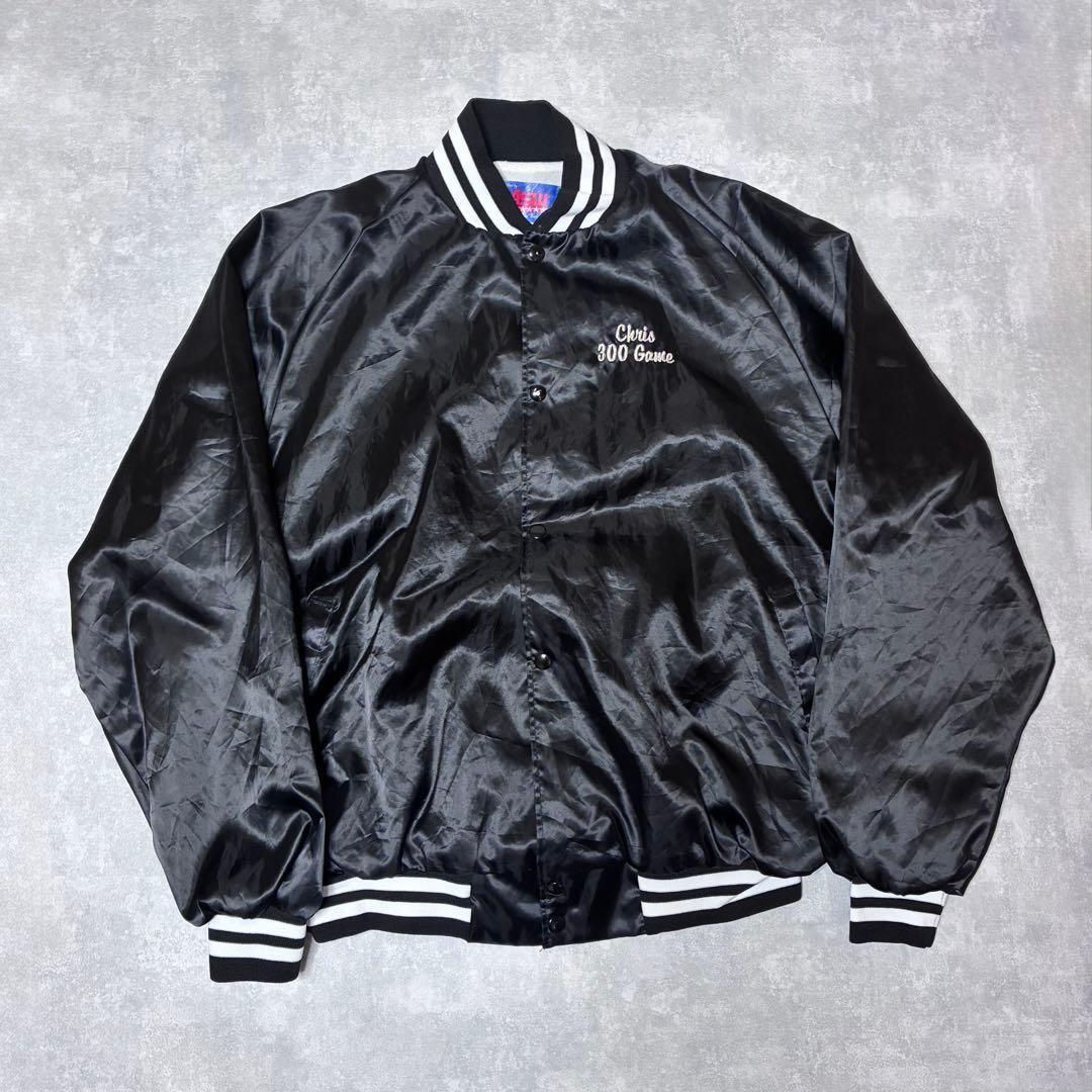 USA製 80s ブルゾン 黒 企業刺繍ロゴ 裏地総柄 vintage 古着 80s USA製 STARTER NHL Boston Bruins ブルーインズ 光沢 サテン