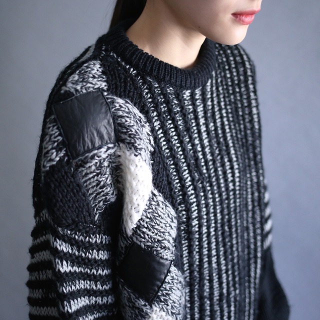 diamond leather patchwork and switching pattern low gauge knit sweater