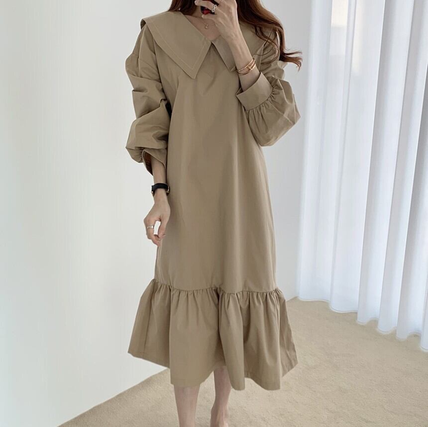 ワンピース レディース 送料無料 2色 ティアードワンピース ミモレ ミモレ丈 長袖 ビッグカラー ティアード かわいい 大人可愛い きれいめ カジュアル 上品 エレガント フェミニン おしゃれ お洒落 綺麗 お嬢様 おとな ナチュラル こなれ感 ラブリー キュート ガーリー ロマンチック 抜け感 主役級 存在感 OL 通勤 学生 通学 デート お出かけ 女子会 S M L XL ベージュ ブラック 黒 春 秋 20代 30代 40代 韓国 韓国系 着回し 普段使い トレンド