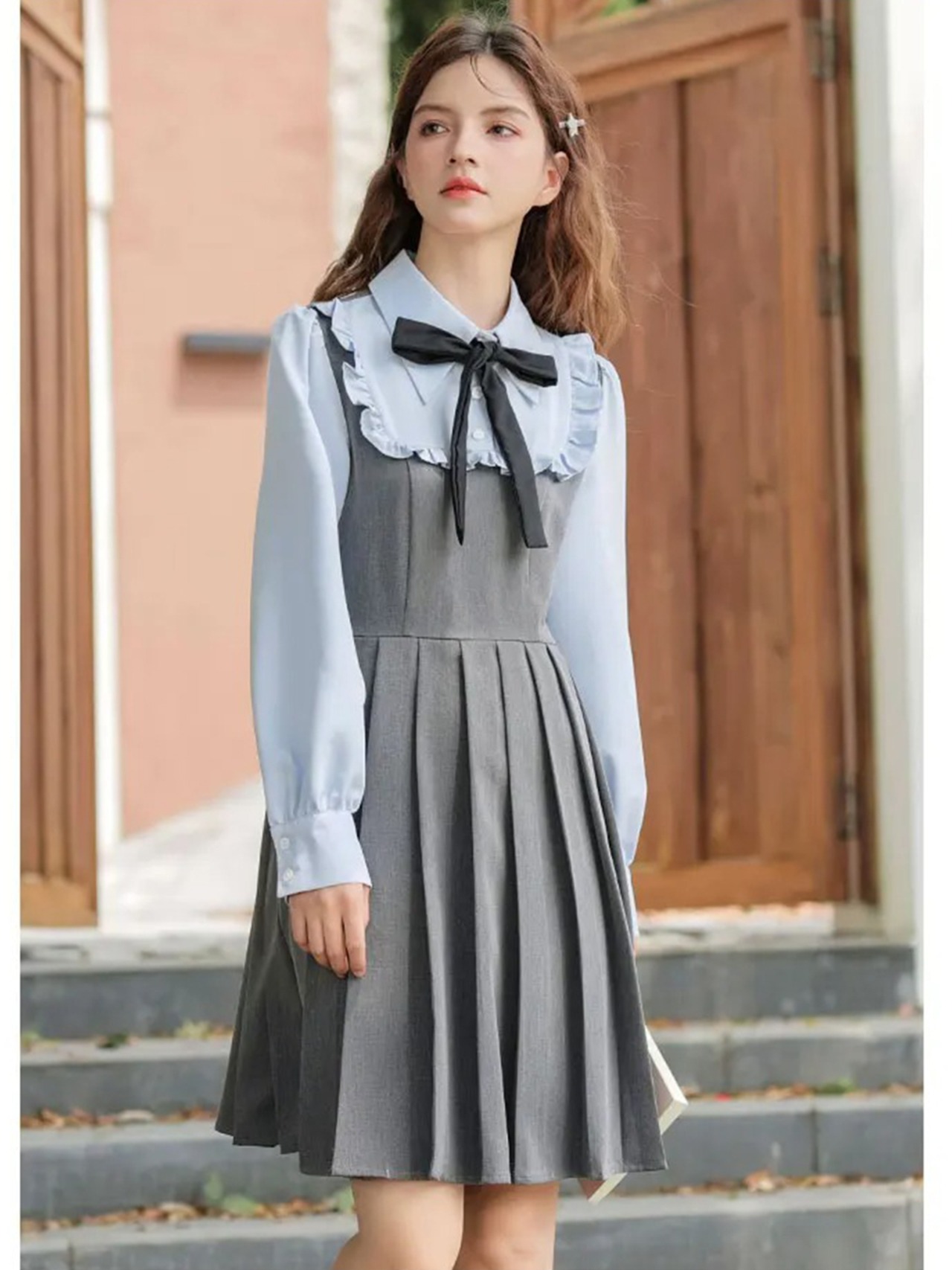 【0126】Pleated Skirt Girly Ribbon Long Sleeve Dress