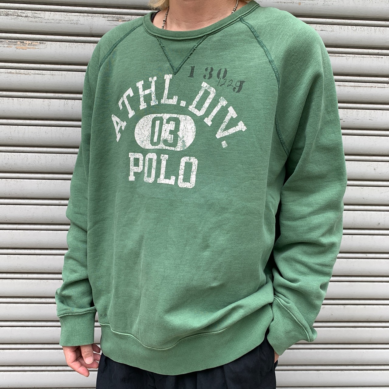 ラルフローレン　前Vカレッジロゴスウェット　ステンシル　ヴィンテージ加工　緑　L
