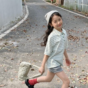 夏韓国風ボーダーポロシャツ