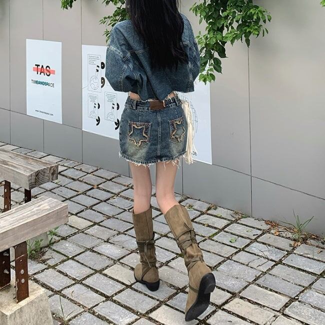 デニム セットアップ レディース 韓国 ウェスタン 星 刺繍 ミニ デニム セットアップ レディース 韓国 ウェスタン 星 刺繍 ミニ