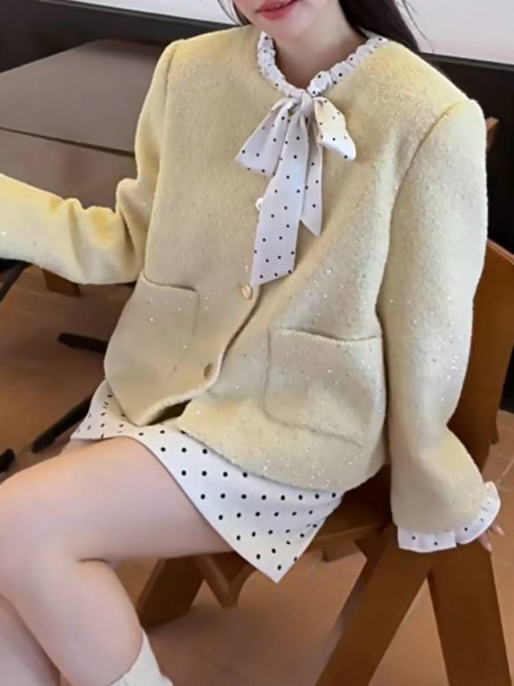 羽織るだけで春色レディ ツイードノーカラージャケット ショート丈 アウター 入学式 卒業式 大人可愛い おしゃれ トレンド 体型カバー 大きいサイズ 韓国 CH11488