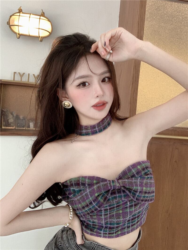 格子柄サマーリボンショートトップス ホルター 夏物 ピュア ブラックストロベリース22563243407