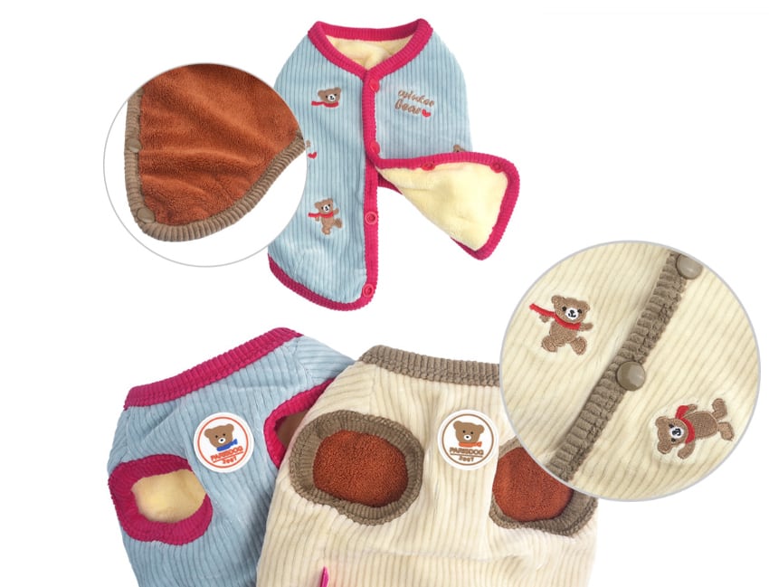 bear corduroy vest S ~ XL 2color / 犬服 秋冬 新作 コーデュロイ ベスト アウター ベロア 裏地 暖かい 可愛い 犬の服 トップス お揃い ドッグウェア