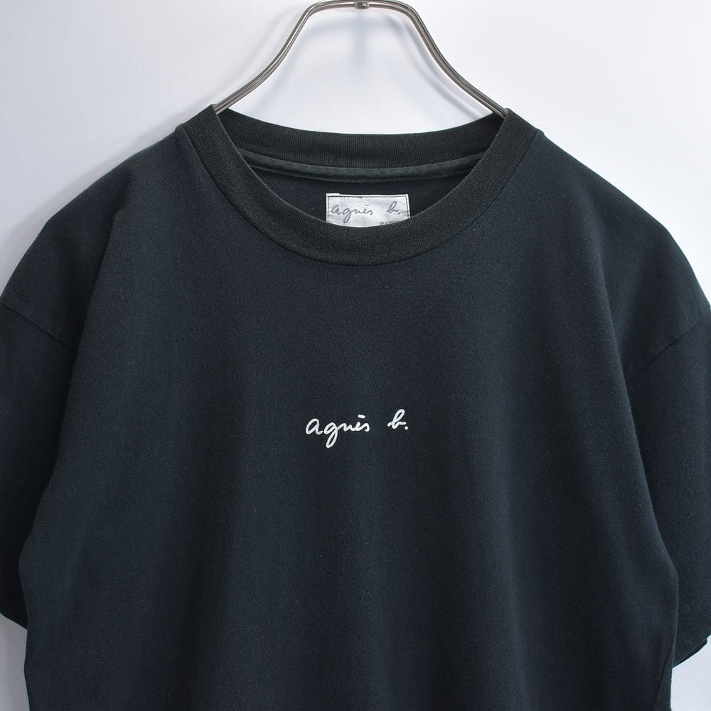 90s フランス製 agnès b. アニエスベー ロゴ刺繍 Tシャツ フレンチカジュアル スクリプトロゴ 半袖 カットソー ブラック 黒 フレンチヴィンテージ ビンテージ ヨーロッパ古着 レディースS~M相当