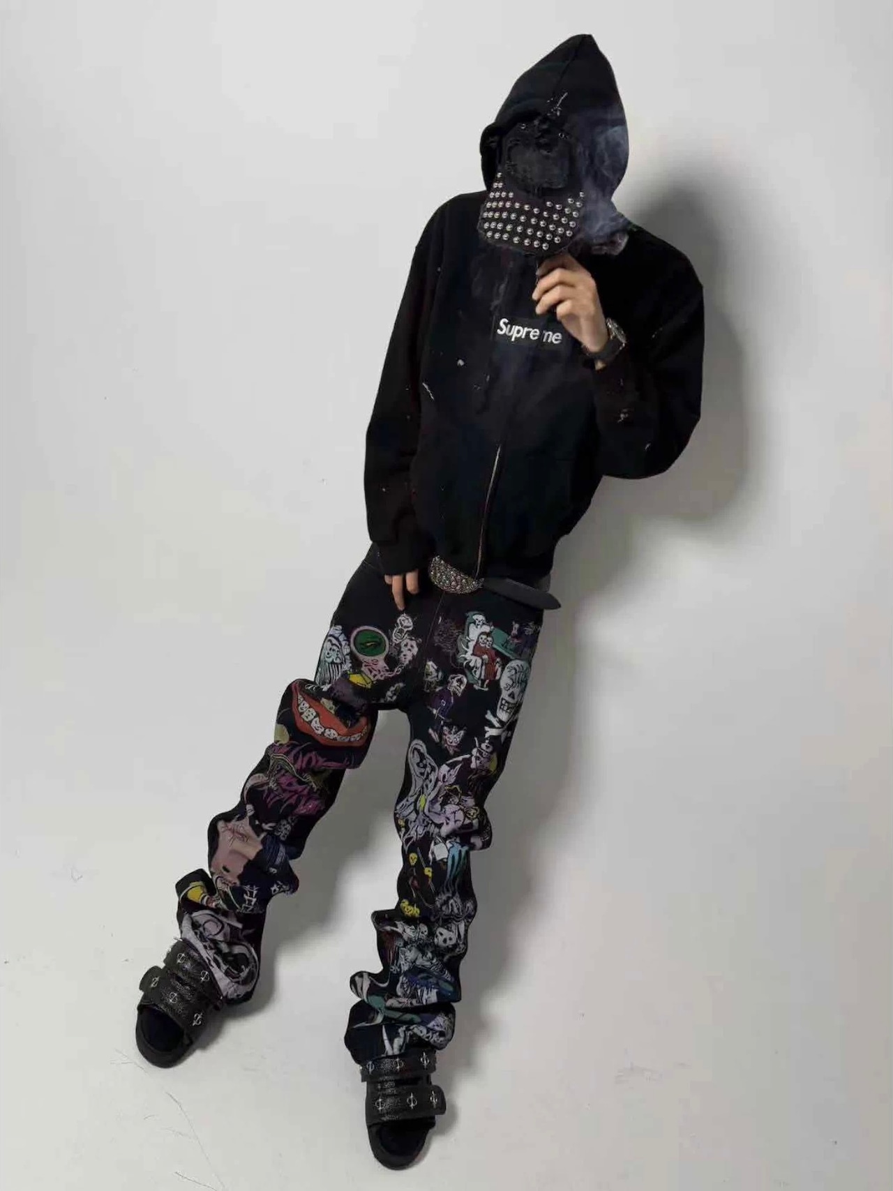 【CinderVein】Demon Skull Graffiti Print Flare Denim Pants