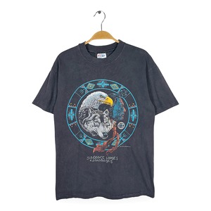 90s インディアン ウルフ イーグル USA製 ヴィンテージ Tシャツ ブラック ネイティブ 狼 鷲 HANES ヘインズ シングルステッチ サイズM BZ0696