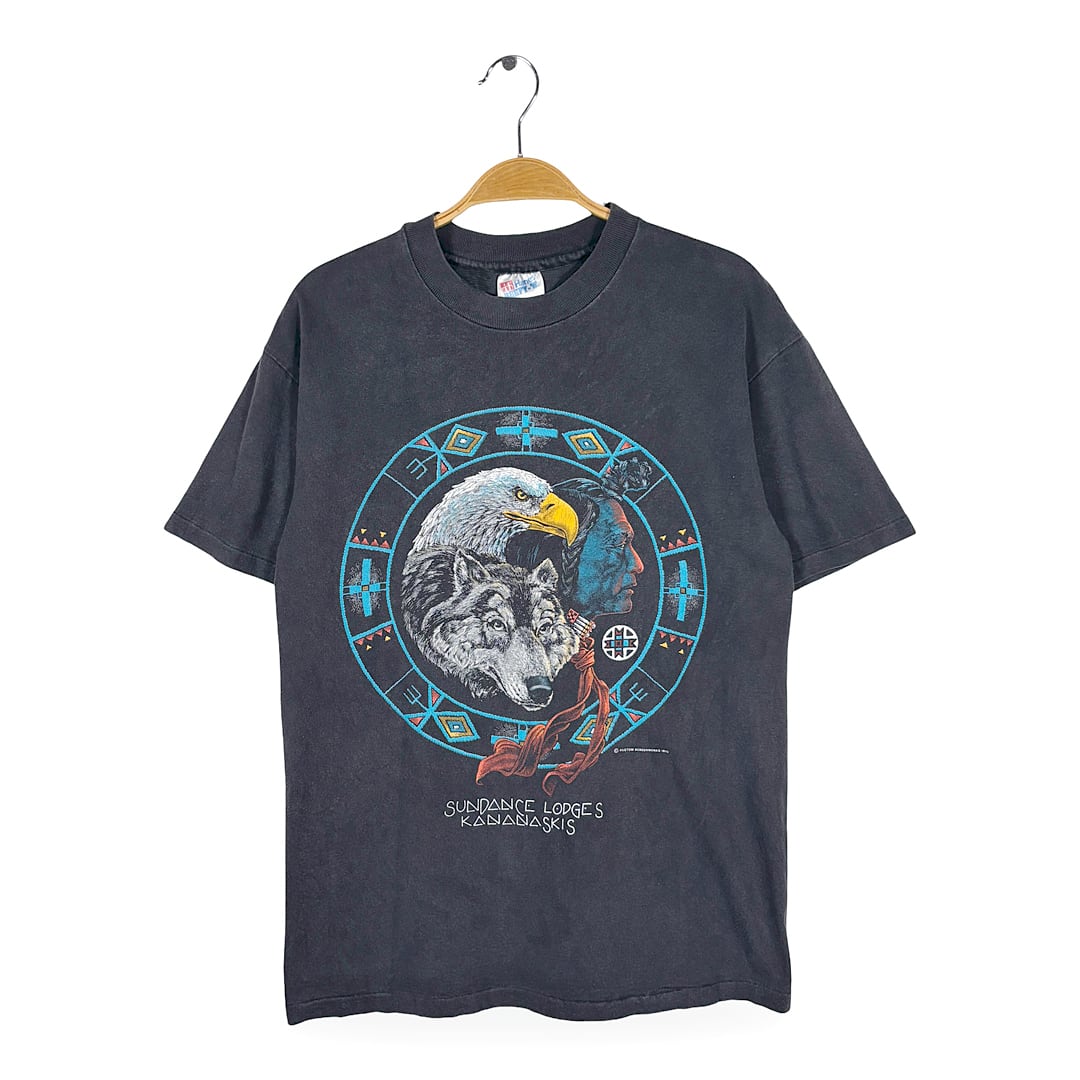 90s インディアン ウルフ イーグル USA製 ヴィンテージ Tシャツ ブラック ネイティブ 狼 鷲 HANES ヘインズ シングルステッチ サイズM BZ0696