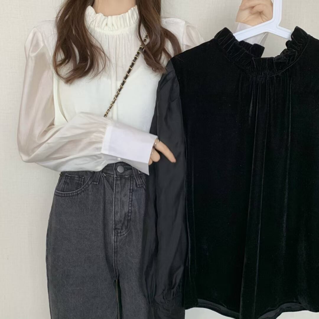 ベロア×シフォン フリルネックブラウス　AJ44170-650