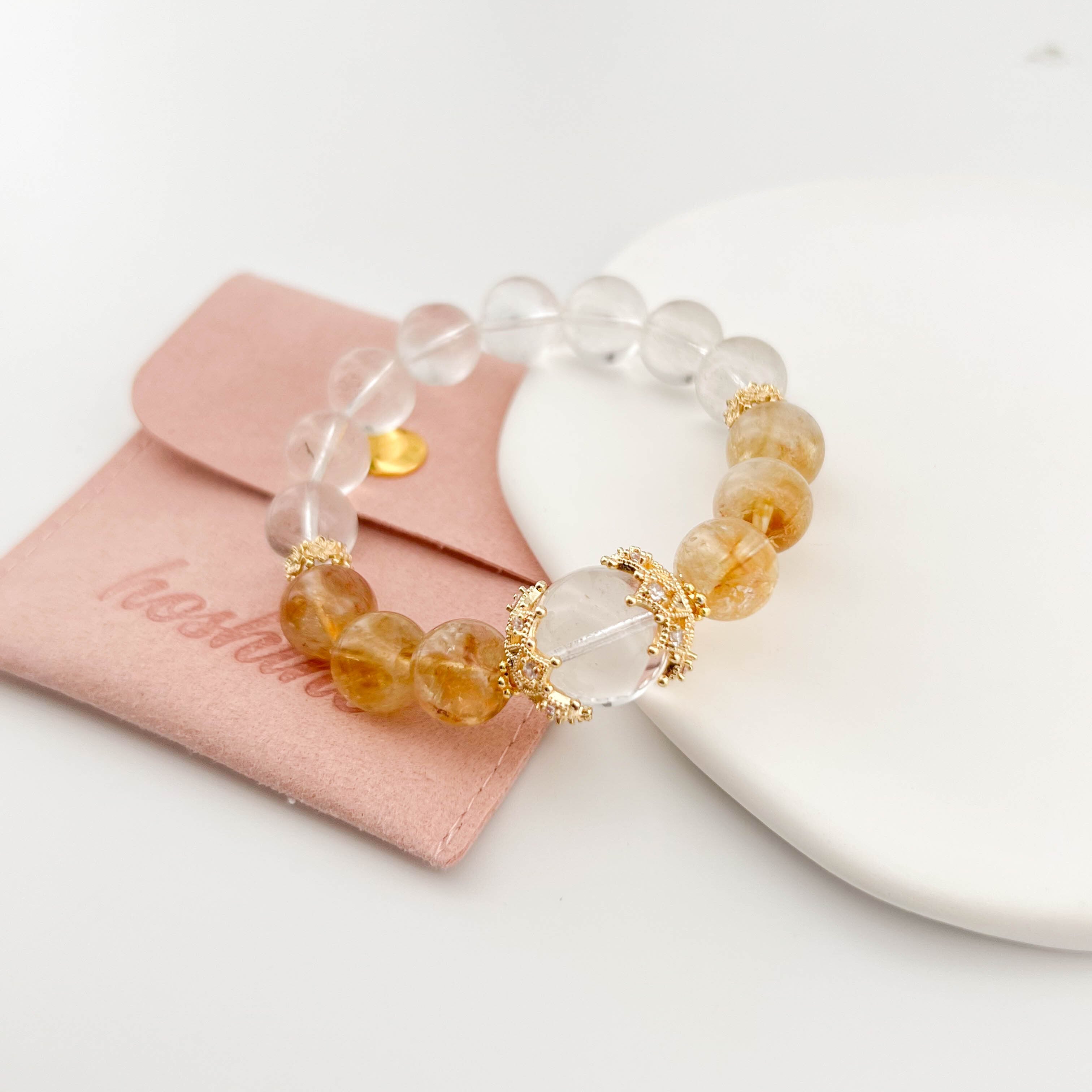 天然石ホワイトクリスタルとイエロータイガーアイのブレスレット