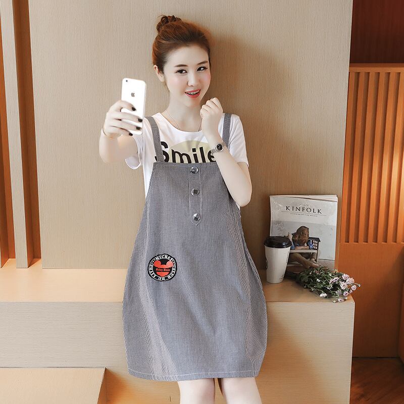 【新作】【送料無料】 マタニティドレス2019夏の新しいファッションマタニティドレスルーズで薄いミドル丈のフェイクツーピースサスペンダードレス-アリババ サマー 夏物 expec230673960774