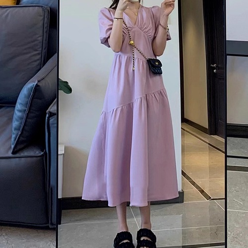 Vネックランダムギャザーパフワンピ ・70746