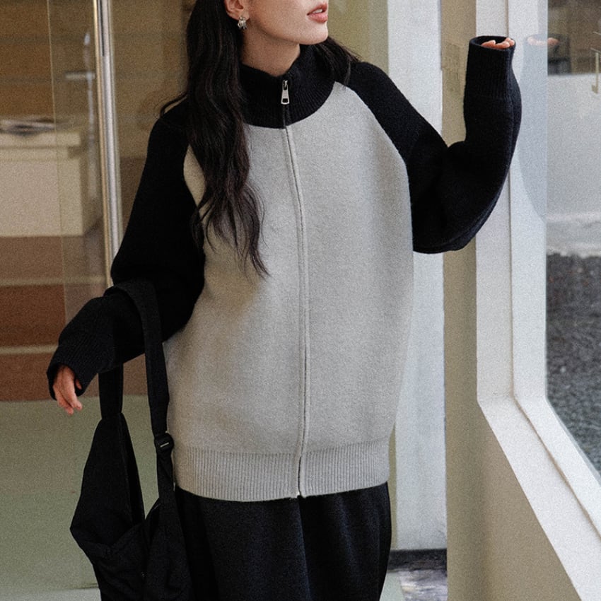 color-block zip knit cardigan　J00210