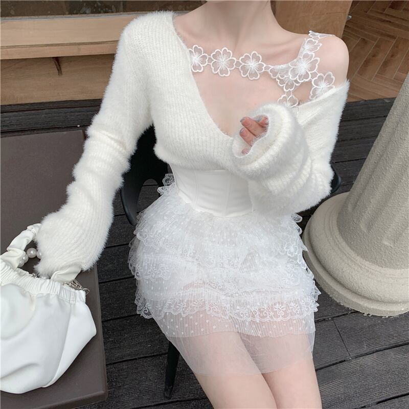 ニットセーター シャツ レディースオータムウィンターレースルーズスタイルトップス 秋物 冬物 オフショルダー ステッチ ブラックストロベリース3321851916