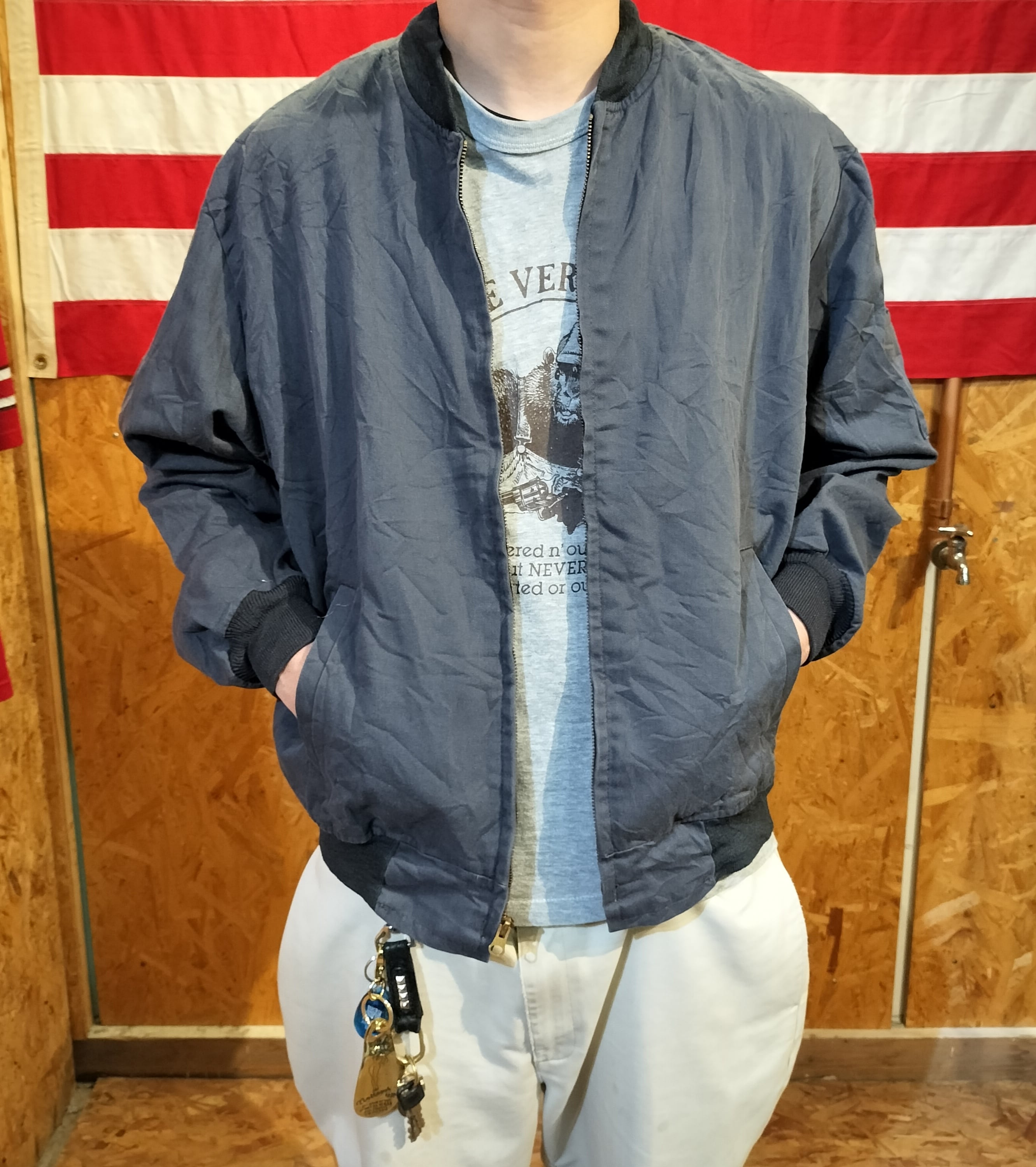 Used ジャケット◆XL 濃灰 短丈 CiNTAS ワークジャケット 無地 襟無し◆ヴィンテージ USA古着