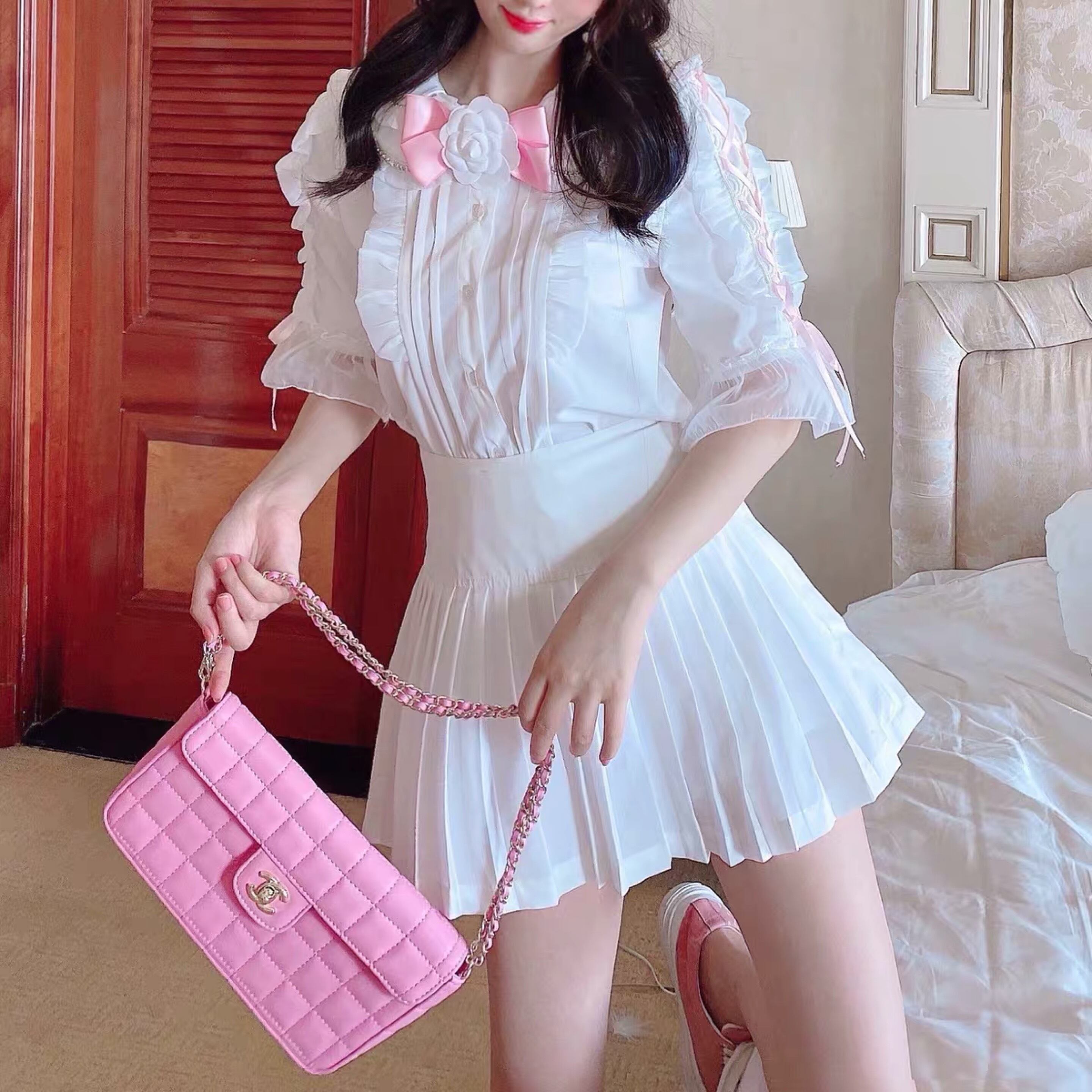 ブラウス ピンク リボン 白 ピンク セットアップ 姫 ガーリー