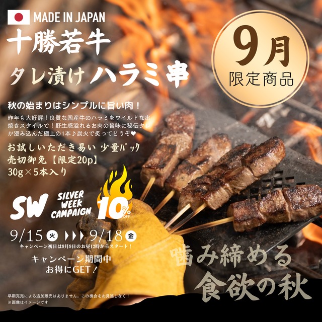 【噛み締める食欲の秋】国産牛 タレ漬けハラミ串　5本