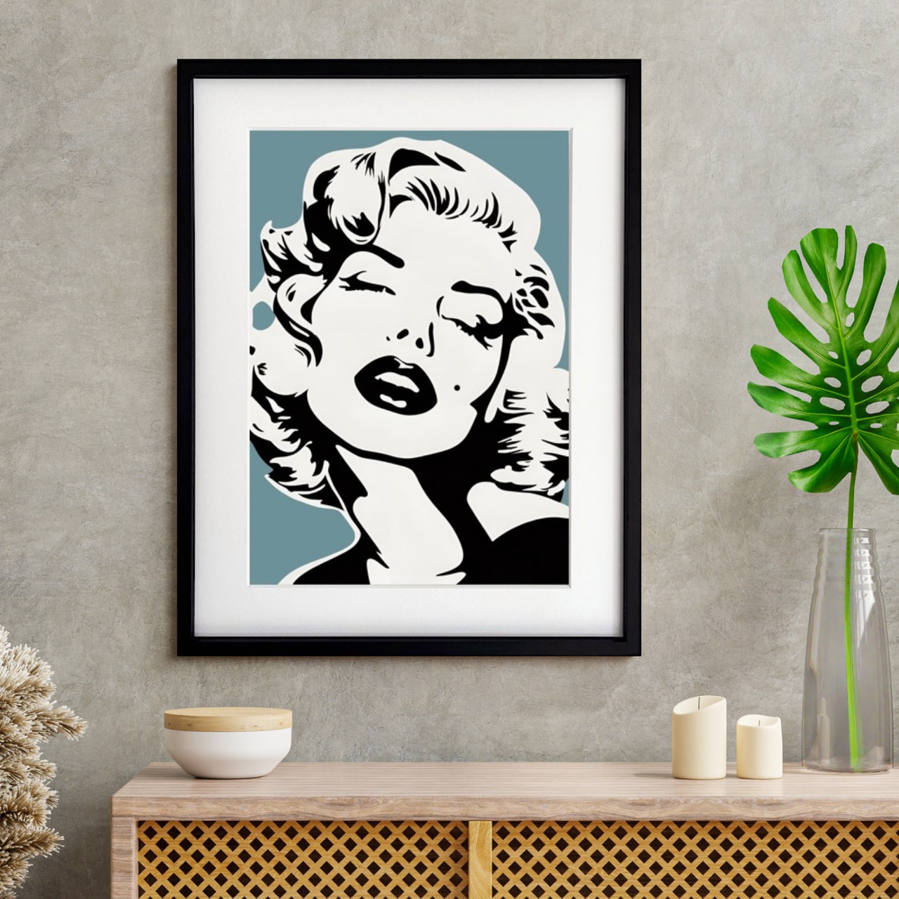 Monroe Love｜ブルーグレーが映えるモダンポップアートポスター｜上品で洗練された空間を彩るおしゃれインテリアA2ポスター