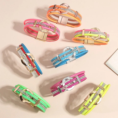 ブレスレット  クリスタル サークル チェーン レザー メタル リング レディース 輝く スパークリング 蛍光 カラフル トレンド