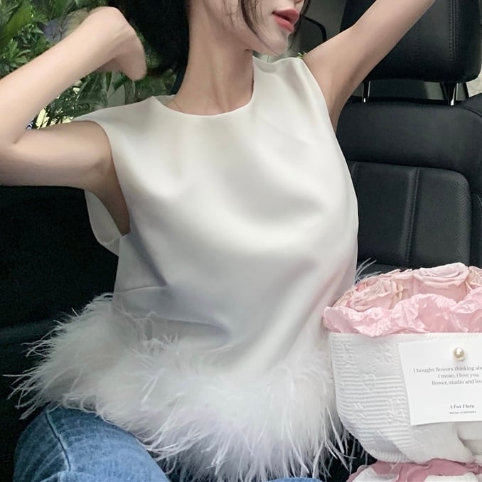 即納】ホワイトフェザーノースリーブトップス T40 | L-clothes