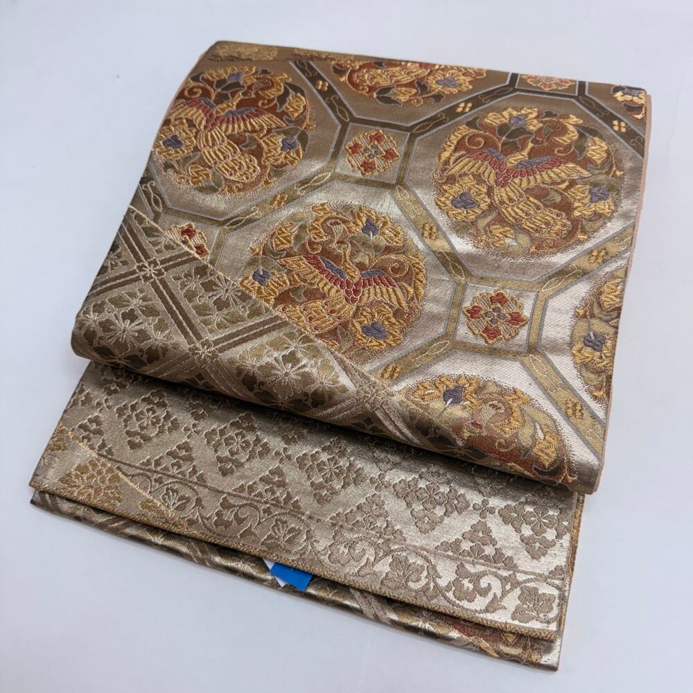 中古 礼装袋帯 正絹 草花 六通柄 ゴールド Bランク 426cm 6231