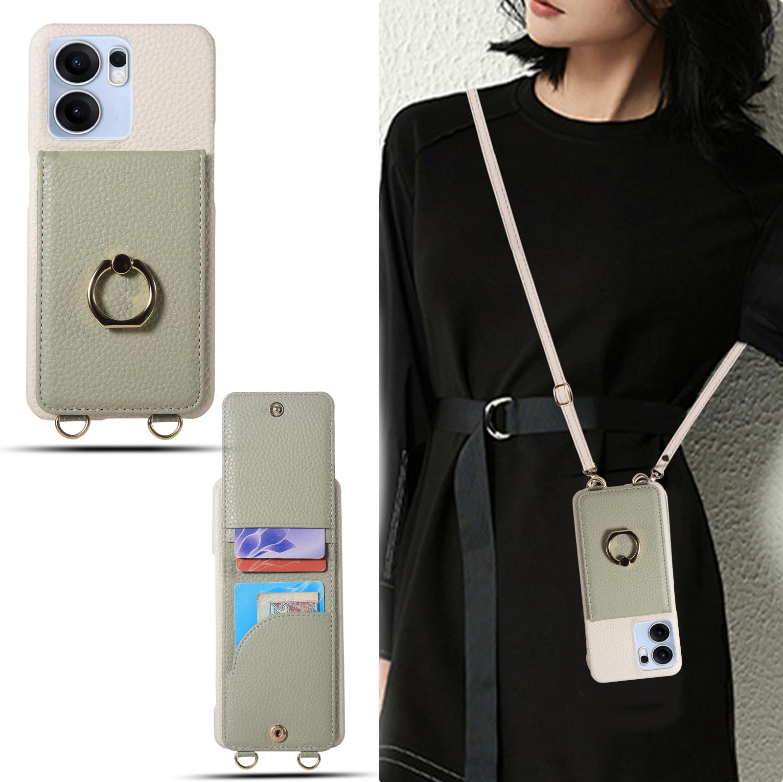 for oppo reno 13a 用 ケース ショルダー オッポリノ13a おっぽ スマホ reno13 a 用 ストラップ タイプ かわいい おしゃれ PUレザー ミラー 鏡 スマホケース 半包バンパー 携帯 スマホカバー カード入れ 肩掛け 紐 大人 女子 (グリーン ホワイト, oppo reno13a)