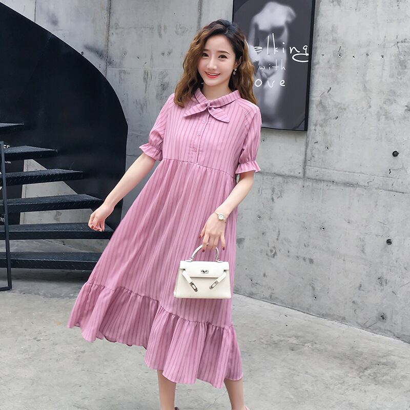 【新作】【送料無料】 マタニティドレス2020夏の新しいシフォンストライプ蝶ネクタイドレス、年齢を減らすミドル丈のマタニティドレス-アリババ リボン サマー 夏物 expec268004380499