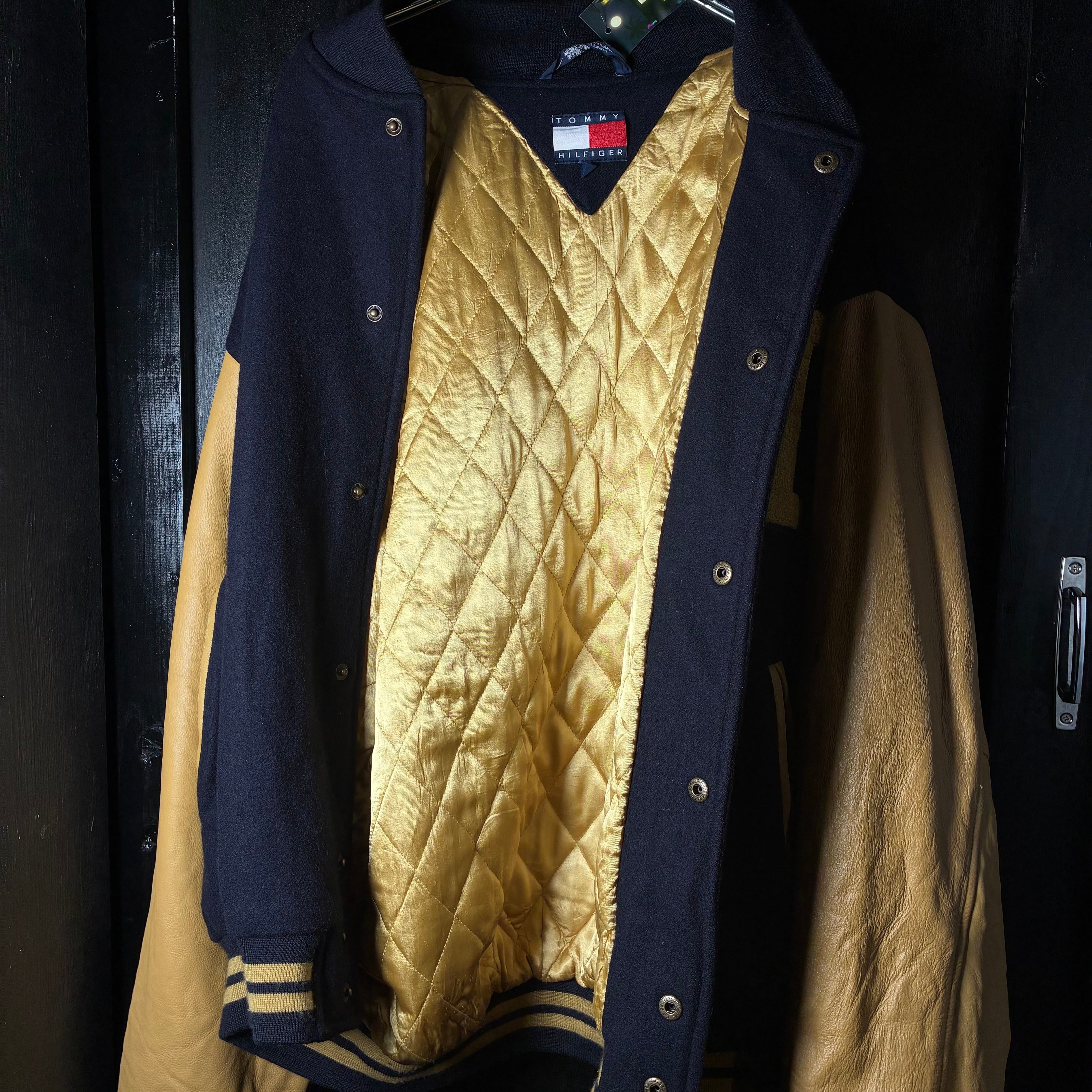 90s TOMMY HILFIGER ウール×レザー スタジャン トミー 袖皮 XL | 古着