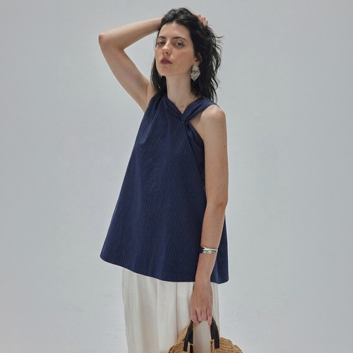 Twisted halter stripe blouse A00222