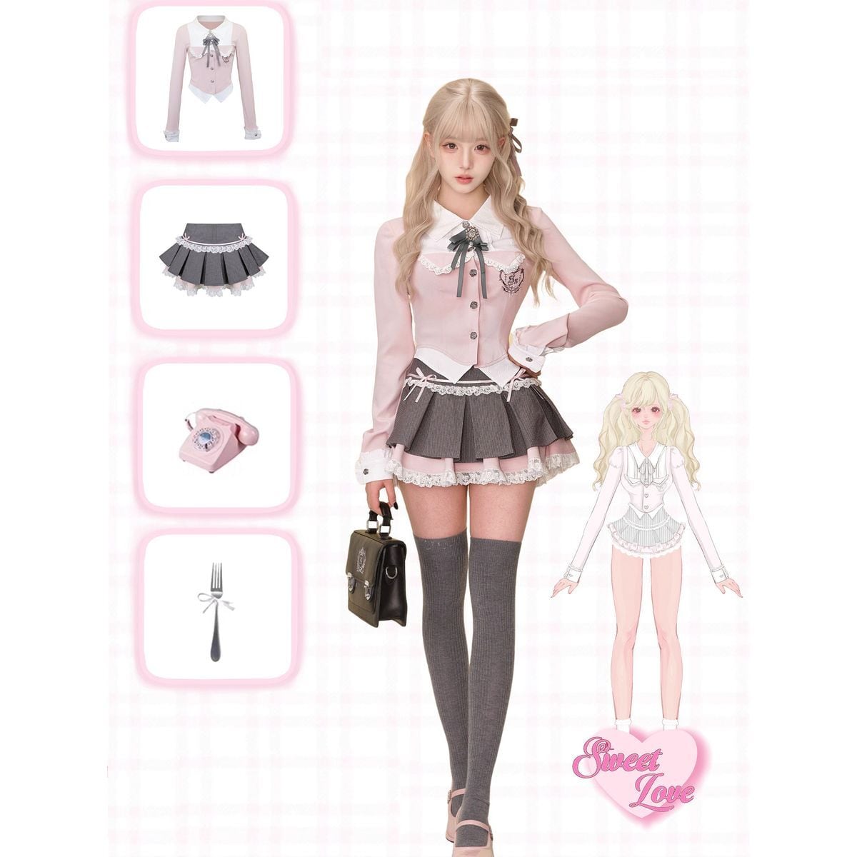 レース重ねプリーツ制服セットアップ：トップス | Maiden's Rêve