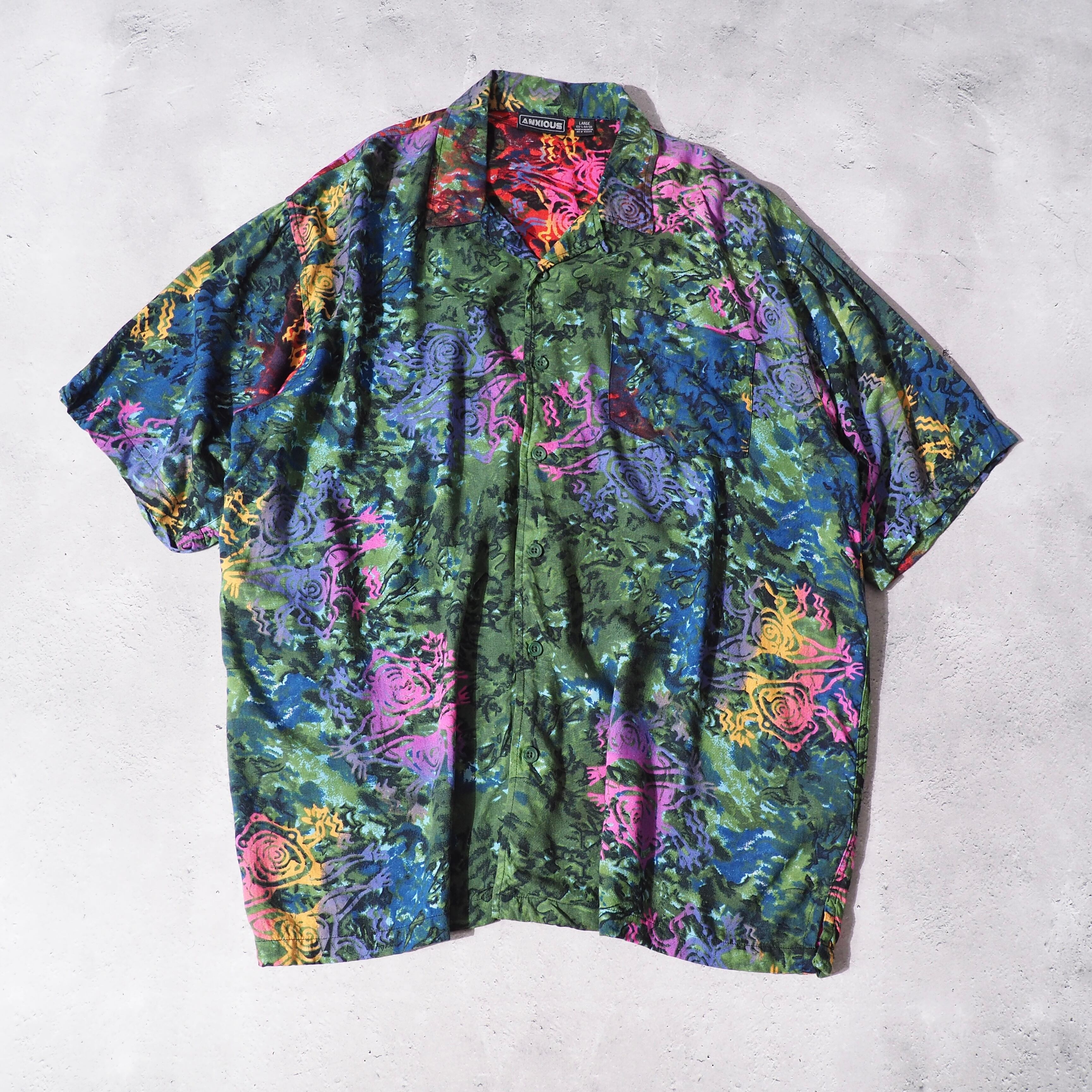 Eethnic richly colored design open collar rayon shirt