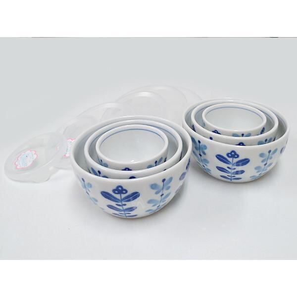 [新品未使用] 4セット蓋付き 小鉢 どんわり 魚柄 ブルー ホワイト 陶器 レンジパック 小鉢 陶器 木立 6個セット 保存容器 陶器 蓋付き | みの