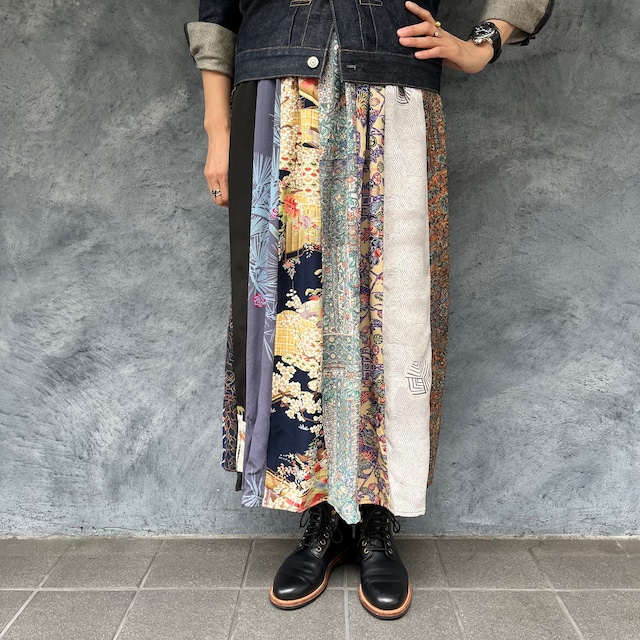 着物リメイクMIXギャザーロングスカート - kimono elastic waist skirt