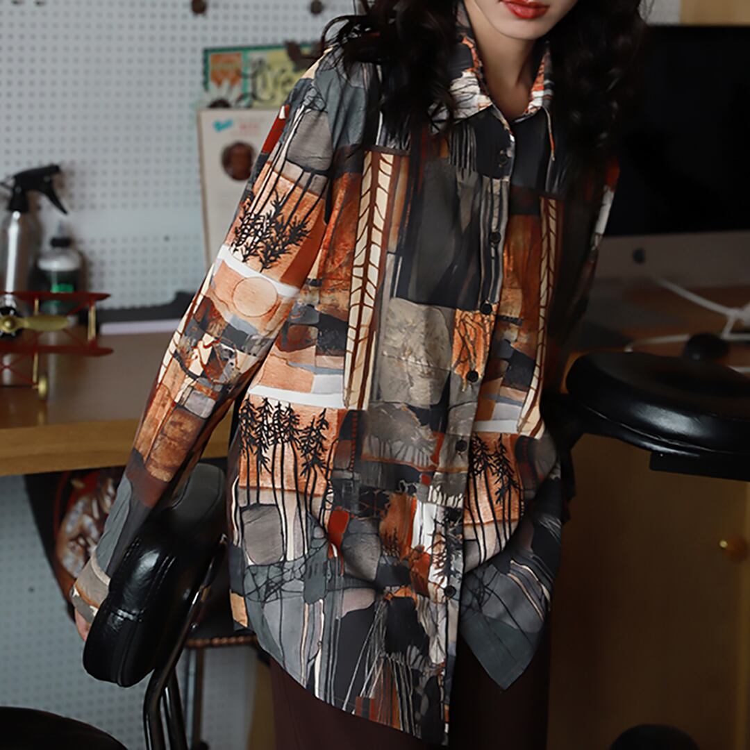 柄シャツ 長袖 レトロ アート柄 ポリエステル生地 ブラウン [A1323 