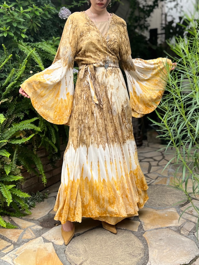 70s indian cotton rayon yellow tie-dye  wrap dress ( ヴィンテージ インド コットン レーヨン  イエロー タイダイ  コットン レーヨン  ラップ ワンピース )