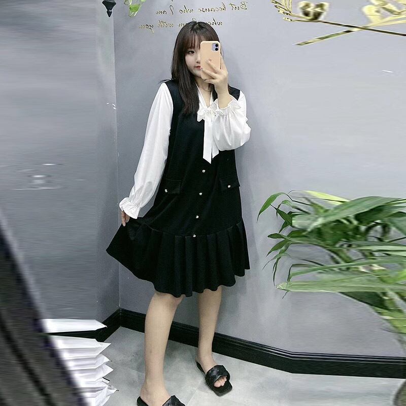 2020年秋冬新作スリムワンピース気質フェイクツーピーススーツファットmmプラスサイズレディースプリーツスカート ミックスインファッション50793736671