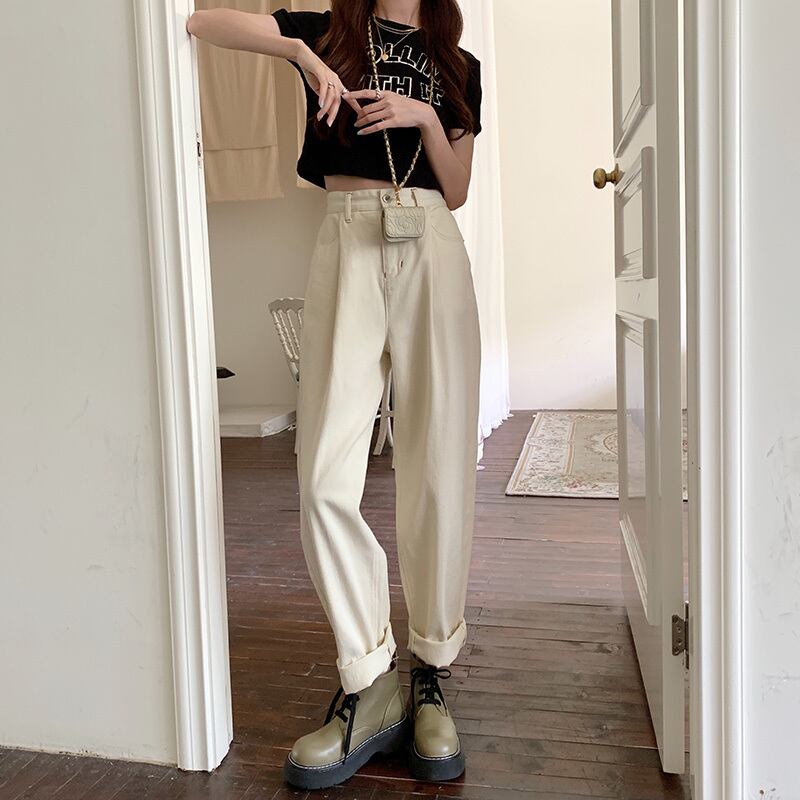 ホワイトハイウェストウェストスリムジーンズ サマールーズパンツ 夏物 モンロー10136942130