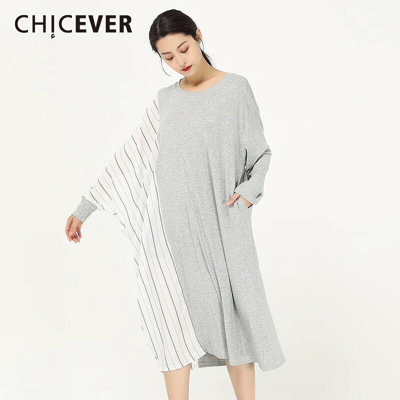 CHICEVERパッチワークストライプレディースドレスOネックバットウィング長袖ウエストヒットカラードレスタイド ロング 6base570035099571