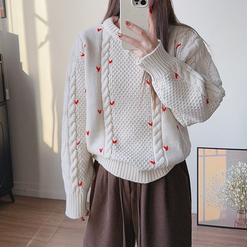 【tops】ハート柄ニットトップス Q7569