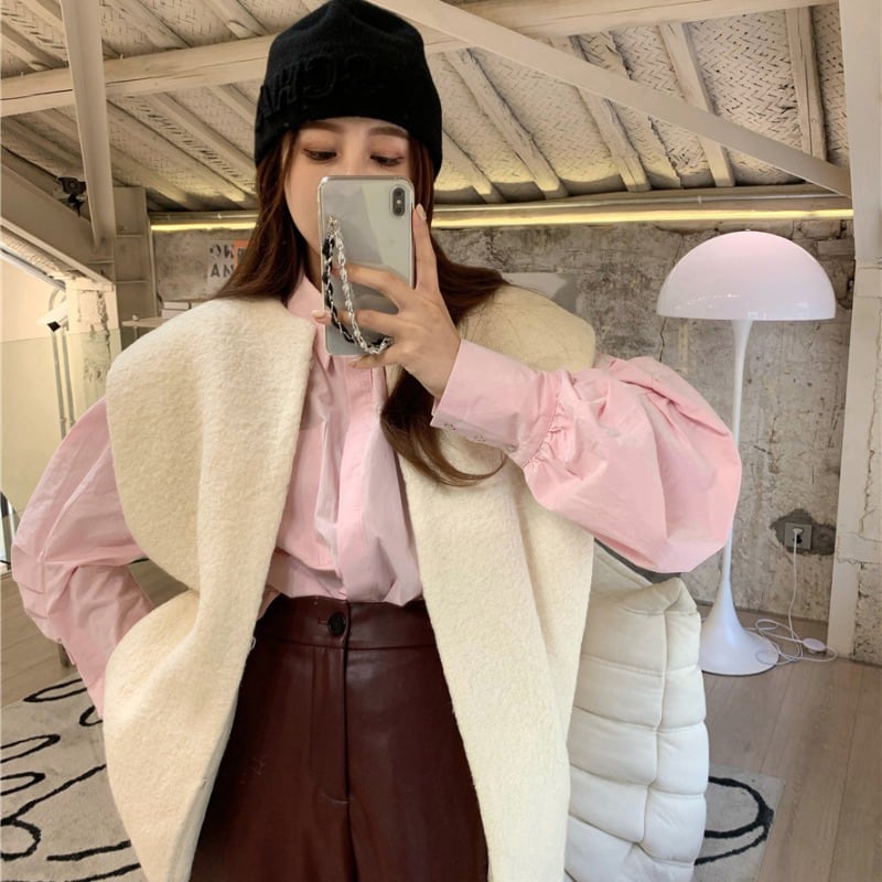 フェイクファーレディースルーズホワイトジャケット スプリングスタイル 春物 ブラックストロベリース83447313893