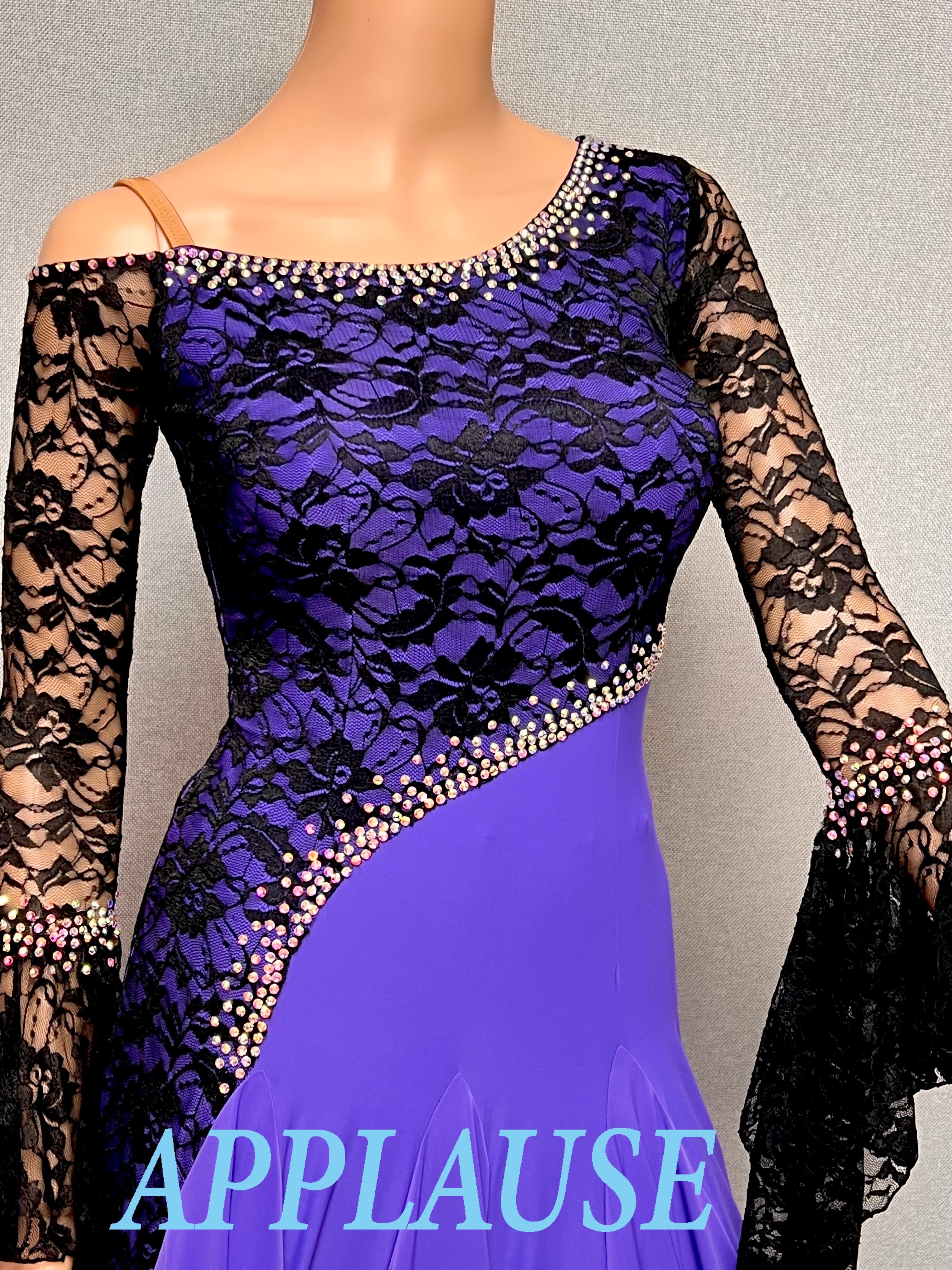 【新着】社交ダンス ドレス　スタンダード　モダンドレス　　パープル＆ブラック　M〜L   ST-26-５  デモ・競技用ドレス　発表会衣装　パーティドレス　ワンピース　舞台衣装