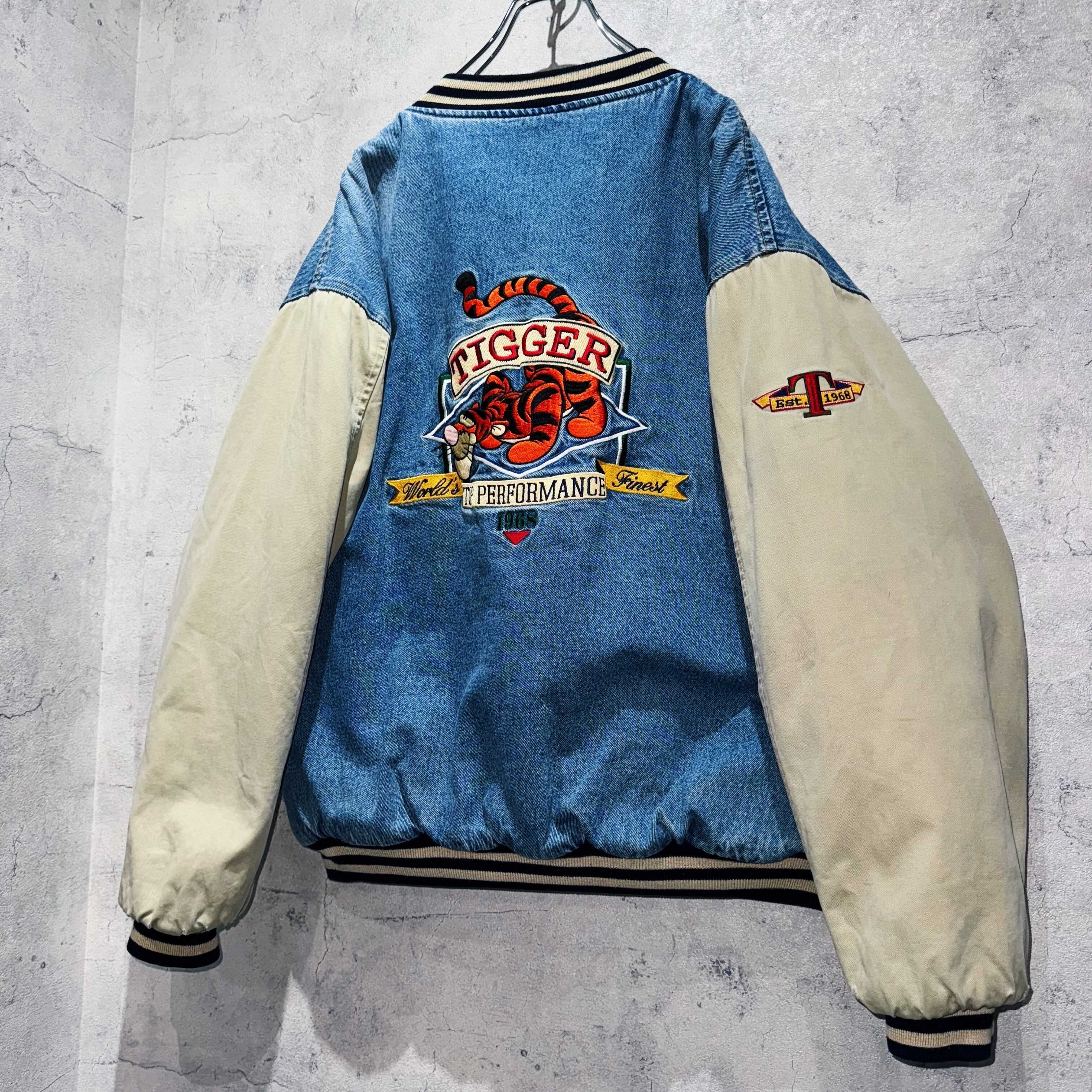 90's”Disney”TIGGER embroidery design denim varsity jacket | ayne