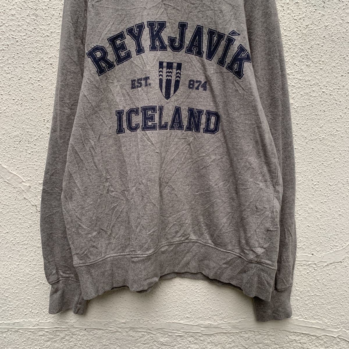 スウェットトレーナー M グレー ネイビー カレッジロゴ プリント 古着
