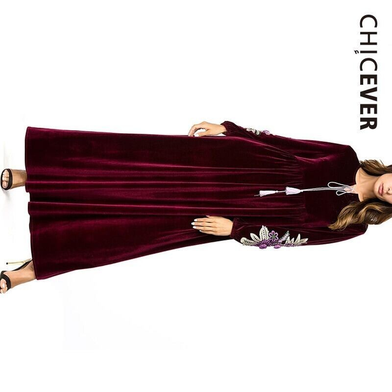 CHICEVER刺繍フラワードレスVネックレースアップテルウエストロングドレスプラスサイズの服2020 大きめサイズ フラワーデザイン 6base544102268257