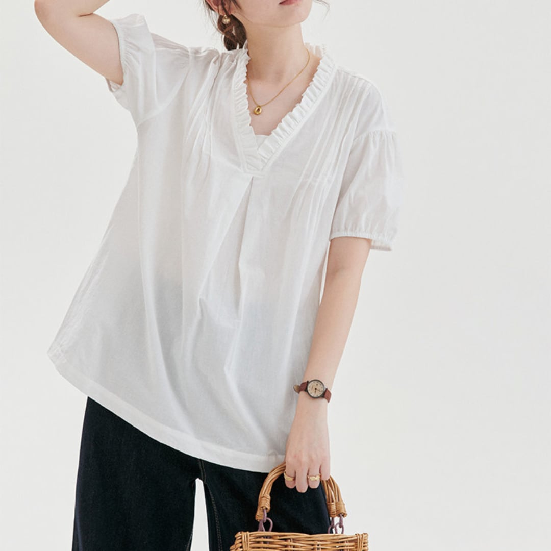 ruffle neck puff sleeve blouse