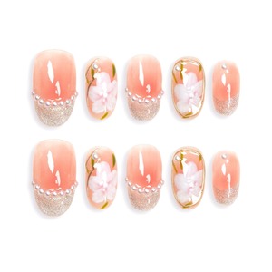 【数量限り】Sun&Beam Nails 手作り ネイルチップ ミディアム オーバル 人気 3d マグネット デザイン ピンク パール 椿 ファッション 可愛い 和柄 収納ボックス付き 10枚入 (#01 木槿・ピンク ・ M)
