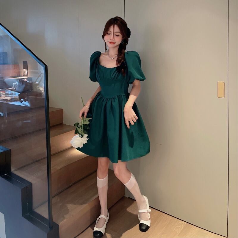 スリーブドレス サマーショートスカート ウェスト ふわふわ 夏物 ブラックストロベリース32313955080